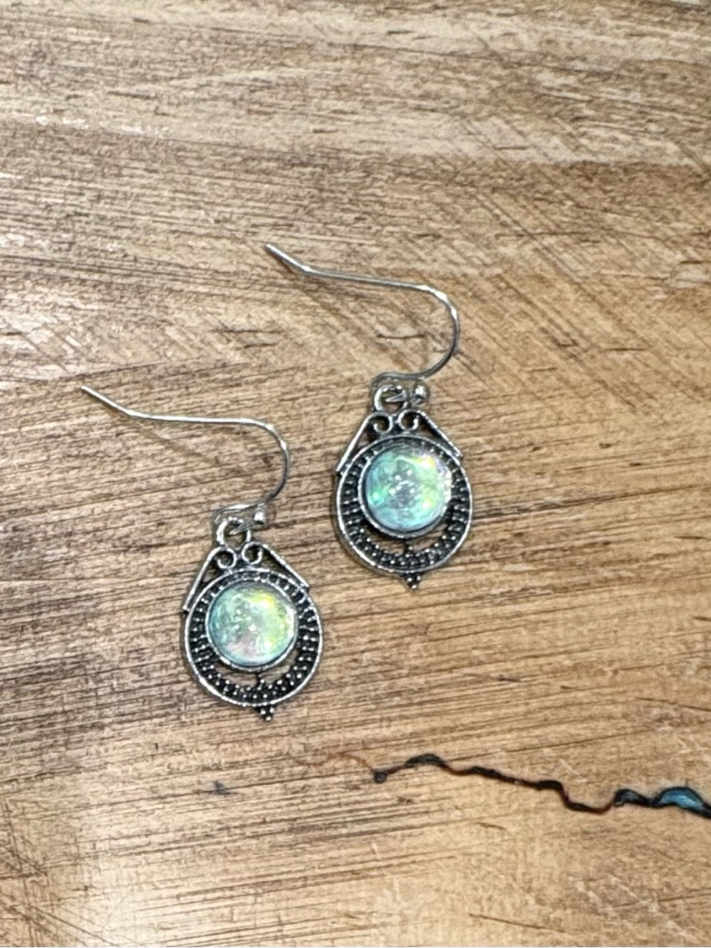 Boho Silver Teardrop Opal Glass Dangle Earrings - Iridescent Green